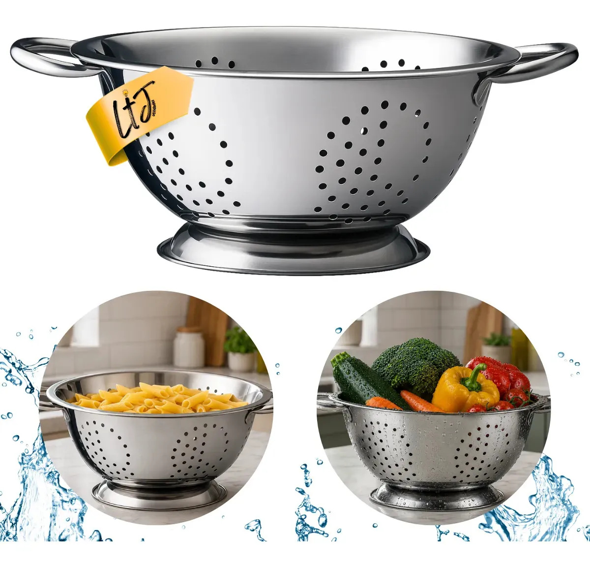 Escorredor De Macarrão Legumes Frutas Ltj Utilidades Massa Inox 24cm Com Base Com Alça Cozinha