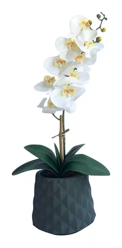 Arranjo De Orquídea Artificial Silicone Branca No Vaso Cinza