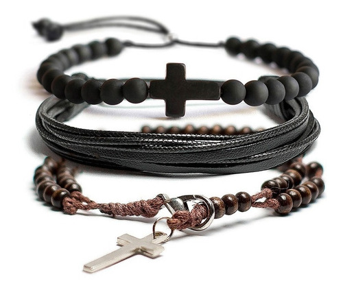 Kit 3 Pulseiras Masculina Fem Terço Crucifixo Fosco Madeira