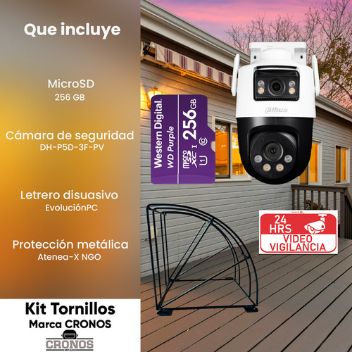 Kit cronos Cámara Dahua Ip Pt Dh-p5d-3f-pv Wifi Cruiser Dual 8mp Audio Bidireccional Auto Tracking + Microsd 256gb + Protección Metálica + Accesorios Cctv Wpt1439dd-plus-256