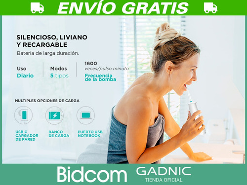 Imagen 3 de 10 de Irrigador Bucal Gadnic Inalambrico Blanqueador 5 Modos