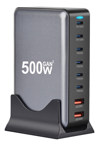 Cargador Gris De 500 W, Gan 6, Tipo C, 2 Puertos Usb, Enchuf