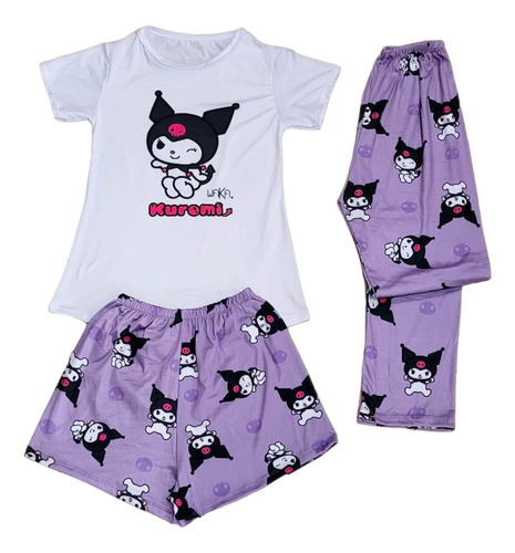 Pijama Kuromi 3 Piezas Blusa Manga Corta Short Y Pantalón