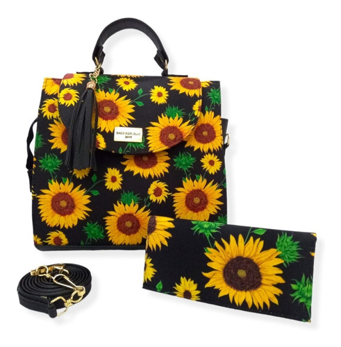 Bolsa Estampada En Girasoles Con Fácil Conversión A Mochila