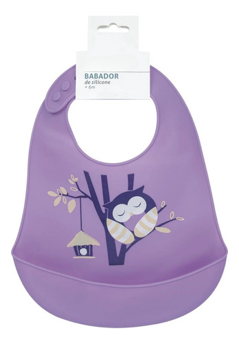 Babador De Silicone Com Bolso Bichos Coruja - Kababy Cor Lilás Animais