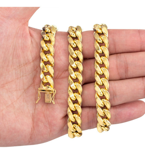 Cadena Barbada Cubana Miami Oro 14k 60cm 11mm Italiano Caja Color Dorado