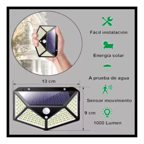 Aplique Reflector Solar Led Panel Recargable 100exterior X2 Negro Blanco