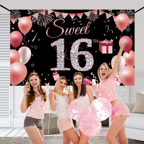 Cartel De Cumpleaños Con Texto En Inglés Sweet 16 , Decorac