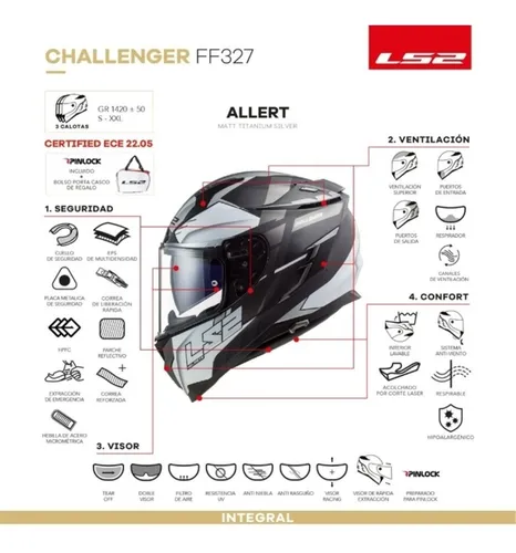 Casco Ls2 Integral Doble Visor 327 Challenger Allert Silver