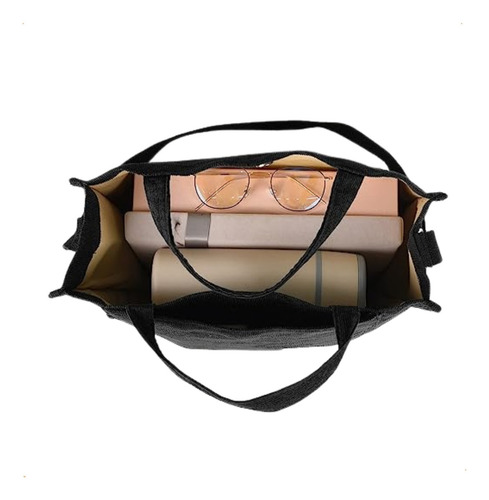 Bolso Tote Bag Grande Cartera De Mujer Bandolera Corderoy Acabado De Los Herrajes Níquel Color Negro Diseño De La Tela Liso