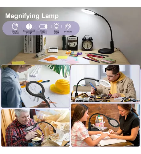 5 lupas con luz y soporte, botón de actualización, 5 modos de color  regulables, luz LED 2 en 1, lámpara de escritorio manos libres con  abrazadera para