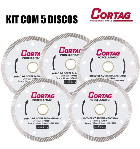 Kit 5 Disco Diamantado Cortag Porcelanato 110mmx20mm Turbo