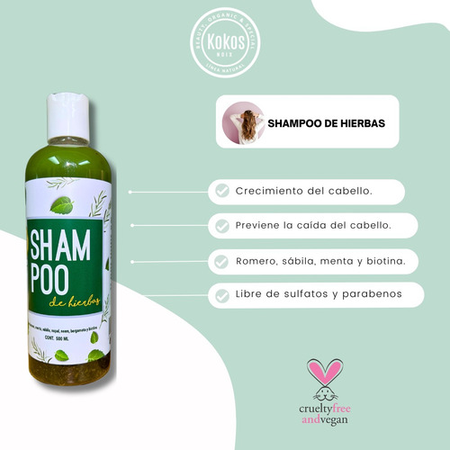 Kokos Organic, Shampoo De Hierbas Natural, Caída De Cabello