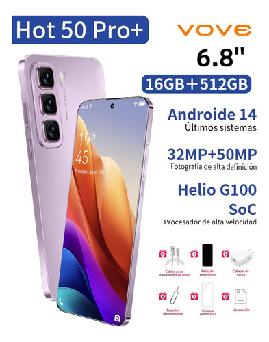 Dual Sim Hot 50 Pro+ 2025 El Más Popular Teléfono Celular 5g Es Súper Barato 6.8 Pulgadas Pantalla Desbloquea Android 14 Smartphone 16gb Ram 512gb Rom Violeta