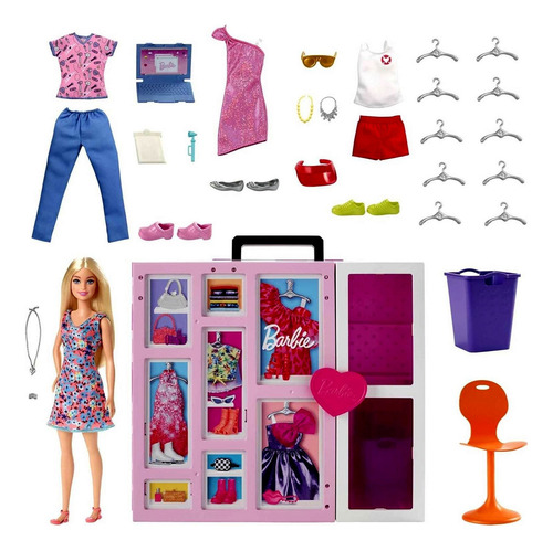Conjunto Grande Armário Closet Dos Sonhos Boneca Menina Barbie 02 Andares - Acompanha Roupas E Acessórios - Inclui Looks Enfermeira Salva Vidas Espelho Corpo Inteiro E Lavanderia - Mattel Brinquedos