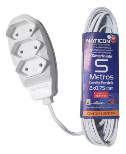 Extensao Naticon Tripla Paralela 2x0,75 Branca 5m 580
