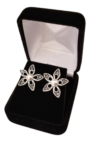 Aretes Elegantes Flor Para Regalo Novia Pareja Plata Quemada