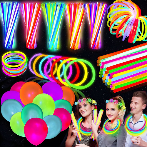 200 Pcs Pulseras Neon para Fiestas 100 Pulseras Neón Fosforescentes Y 100 Globos Fluorescentes Juego de Palos de luz para Fiesta, Navidad, Boda, Cumpleaños, Espectáculo