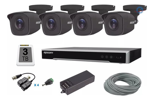 Kit 4 Camaras 5mpx Epcom Negro Dvr 4 Ch Disco 3tb Conectores