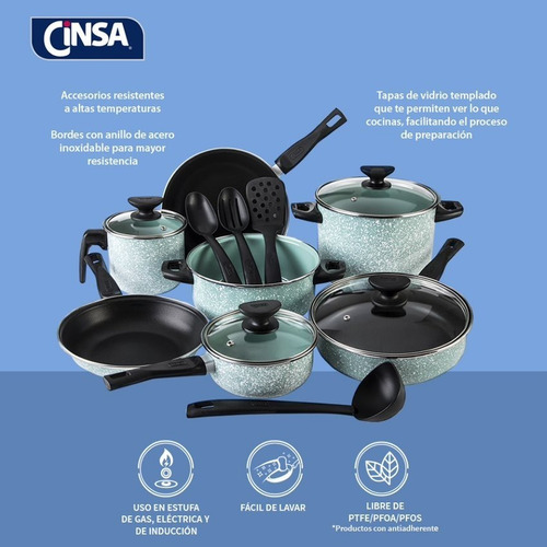 Imagen 2 de 9 de Batería De Cocina Cinsa Granito Jade Menta 15 Piezas
