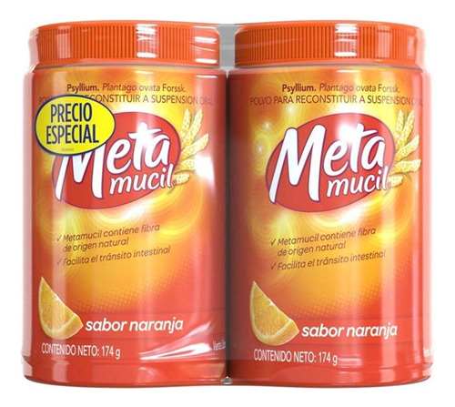 Metamucil Fibra Sabor Naranja 2 Tarros 174 G