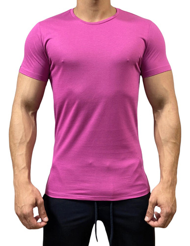 Camiseta Rosa Masculina Slim Lisa Básica Manga Curta Premium