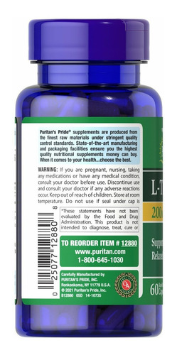 Imagen 3 de 3 de Suplemento en cápsulas Puritan's Pride L-Theanine aminoácidos en botella de 6g 60 un