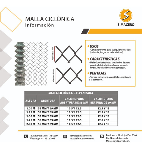 Malla Ciclónica Calibre 13 2.00 M X 20 M Abertura 69x69 Mm Plateado