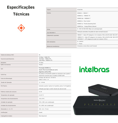 Switch Intelbras 8 Portas Gigabit Não Gerenciável Sg 800 Q+