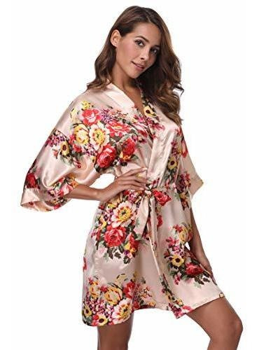 Feelia Women's Floral Thread Robe Silk Kimono Albornoz Para 