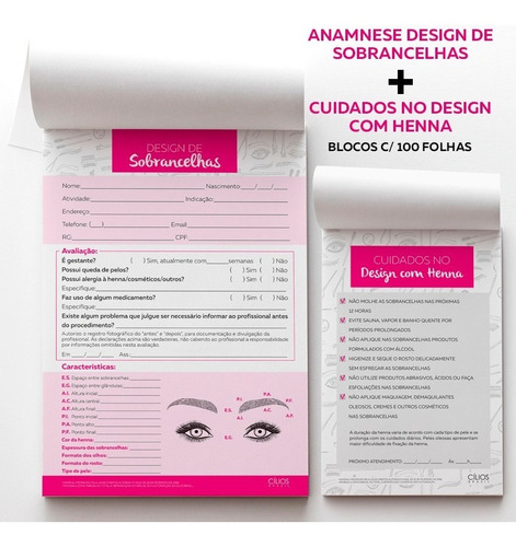 Kit Design Sobrancelha Ficha Anamnese + Cuidados Henna 100 F