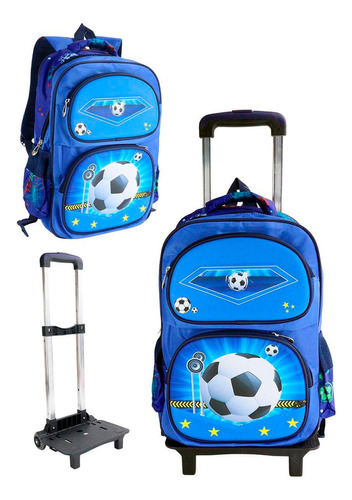 Mochila Infantil 3d Com Rodinhas Menino Cor Azul Desenho do tecido Futebol