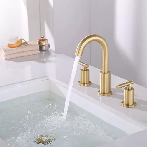 Grifo de baño dorado cepillado con manguera de drenaje y suministro de  fregadero, grifo de baño de 8 pulgadas de ancho de 3 agujeros, grifo de  baño
