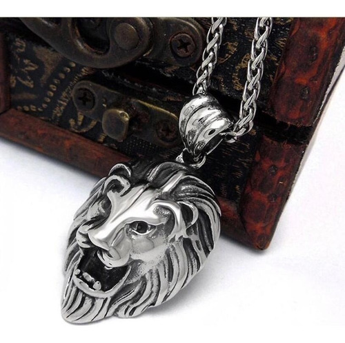 Imagen 1 de 2 de Collar Acero Hombre Colgante Dije Leon Macizo Cadena 60 Cm