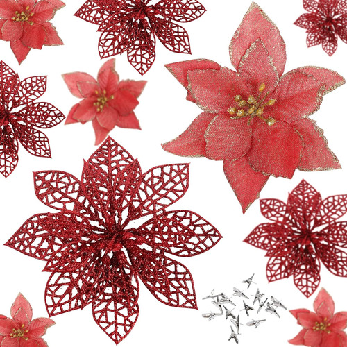 24 Flores De Pascua De Navidad Con Purpurina Y Clips, Decora