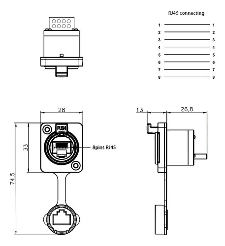 Conector Rj45 Hembra Ip65 Impermeable Para Panel Model A1018