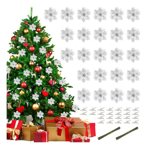 Pack 24 Flores Navideña Adorno De Navidad Decoración Árbol
