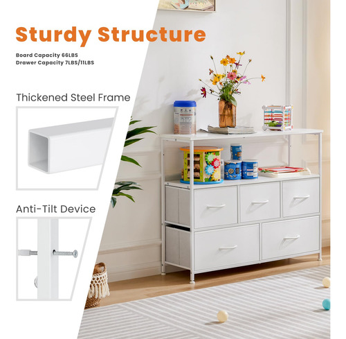 Cómoda De 5 Cajones De Tela Para Dormitorio Color Blanco
