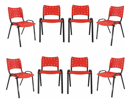 Jogo 8 Cadeiras Para Comércio Restaurante Base Preta Cor Vermelho