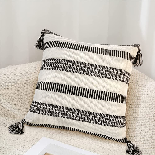 Funda Almohada Bohemia Tejida Raya Borla Para Sofa Exterior