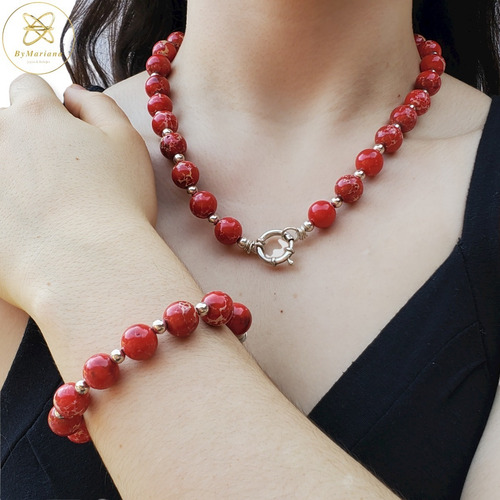Imagen 2 de 4 de Pulsera Plata Con Piedras Naturales Rojas Cierre Marinero