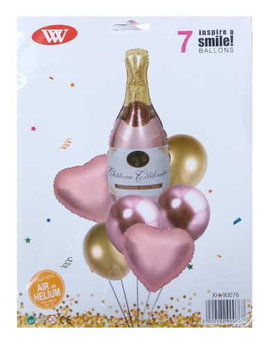 Set X7 Globos Metalizado Botella Champagne Rosa Gold