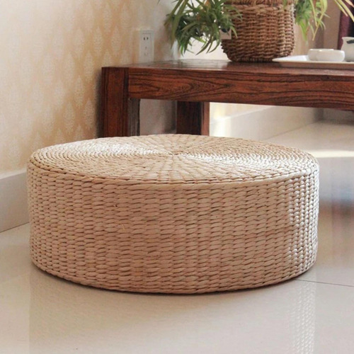 Puf De Suelo Redondo Con 3 Cojines De Tatami De Paja Tejida
