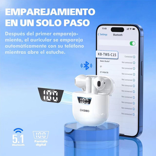 Kbod Audífonos Inalámbricos Tws C15 Dual Con Estuche Bt 5.1 Blanco