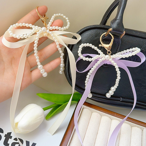 Llavero Con Forma De Lazo De Perla Blanca, Bolsa En Forma De