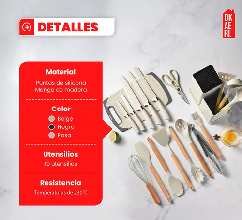 Set De Utensilios Silicon 19 Pzs Okaeri Cocina Kit Espátulas Cuchara Cuchillos Pinzas Tabla Color Negro
