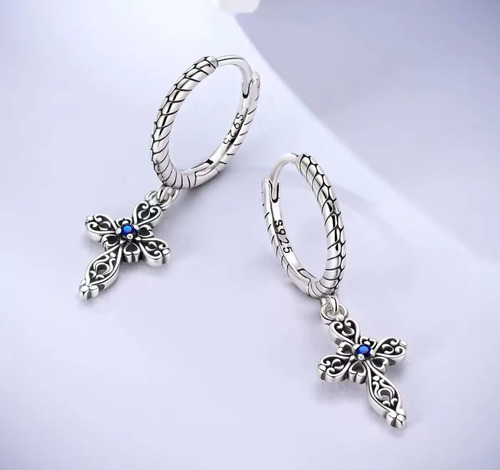 Aretes Mujer De Plata S925, Cruz Pavé Zirconias