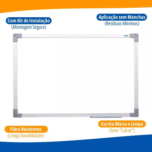 Lousa Quadro Branco 100x70 Cm Moldura Soft Alumínio Com 2 Canetas E Apagador