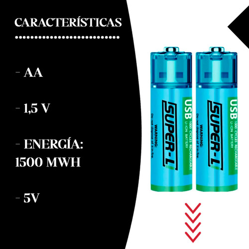Pilas Aa Recargables Caja X 2 Unidades 1500 Mha Con Usb