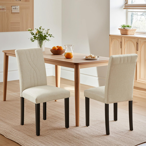 Juego De 2 Sillas Tapizadas Modernas Color Beige Madera